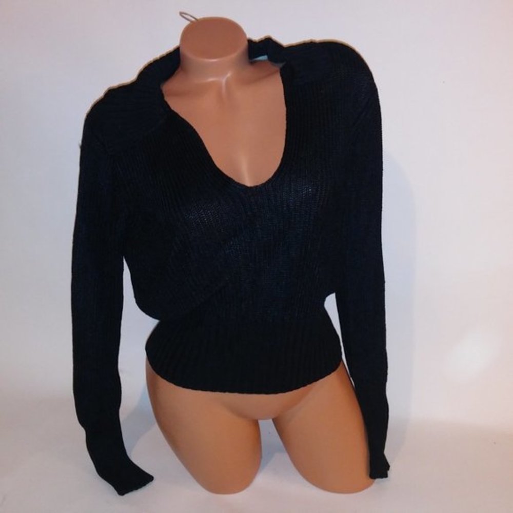Theory Sweater Large Black 100% Viscose Long Sleeve V Neck Collared Pit to Pit 2